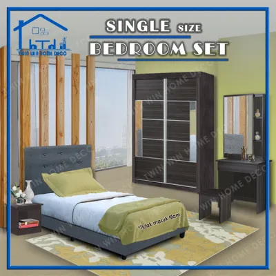 (Only KL & Selangor area)[Single][Super Single]4 Feet Sliding Bedroom Set - 5 Piece Set/Set Bilik Tidur/Almari Baju/Meja Solek/Katil Single