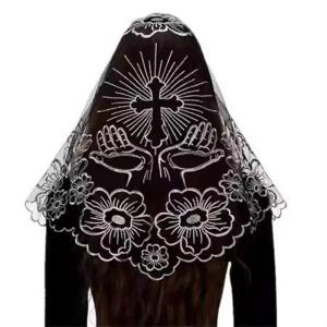 Formal Chapel Head Cover Crosses Embroidery Airy Polyester Fabric Wedding Veil 50 Inches