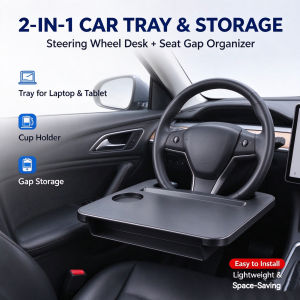 Car Steering Wheel Tray Table 2 in 1 Multifunctional Car Food Desk with Cup Holder & Seat Gap Storage Box for Laptop Tablet Food Drinks