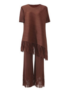 Pleated Elegant Lady Suit Womens round Neck Oblique Tassel Pullover Top High Waist Drooping Tassel Wide Leg Pants #Rs20230292