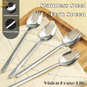 Vision Stainless Steel Thickened Fork Spoon Long Handle Integrated Fork Spoon for Pasta Noodle Soup Household Dual-Use Tableware Children Spoon