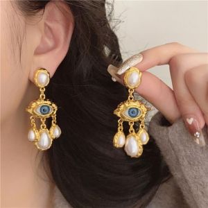 HENLI Water Droplet Devil Eye Earrings Long Tassel Vintage Exaggerate Earring Fashion Ear Jewelry Pearl Drop Earrings Women