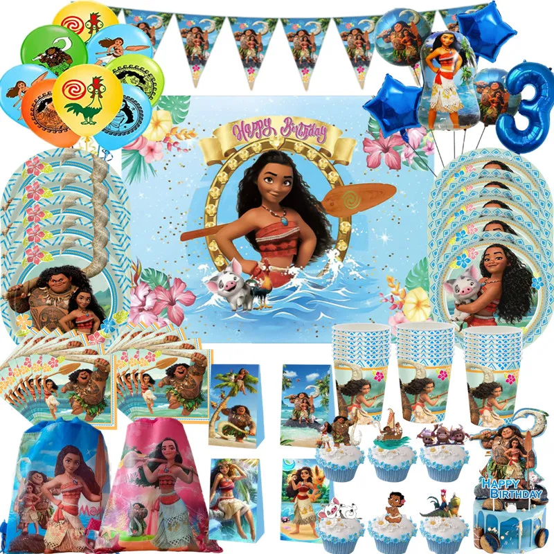 Moana Birthday Party Decoration Moana Maui Balloons Disposable Tableware  Cup Plate Tablecloth Baby Shower Kids Girls Party Supplies