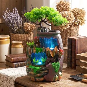 VOIDFARE Simulated Green Plant Decor Tabletop Rain Fountain Water Flow Decorative Realistic Green Plant Decoration Circulating Water Humidifier Decoration Circulating Water Feng Shui Ornament Indoor