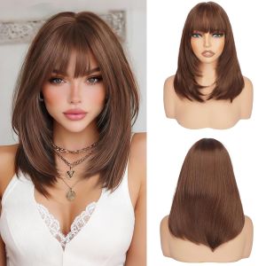 Haloo Blonde Bob Wigs with Bangs Shoulder Length Straight Natural Looking Synthetic Heat Resistant Medium Hair Wigs for Women Daily Party 16 Inch Dirty Blonde