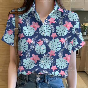 Summer Short Sleeve Shirt Hawaiian Leaf Print Womens Shirt Fashion Button Top Lapel Collar Seaside Blouse for Girls Tops