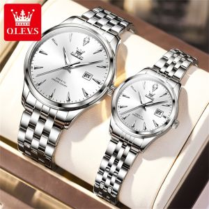 OLEVS Couple Watch Waterproof Original Pawnable Fashion Stainless Steel Elegant Luxury Diamond Dial Calendar Luminous Watch For Women/Men