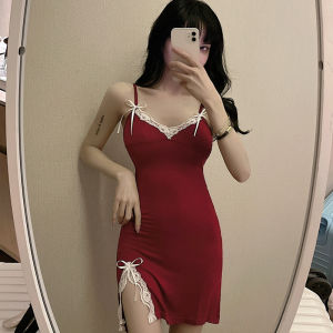 ชุดนอนชุดชั้นในเซ็กซี่ ชุดนอนไม่ได้นอน ชุดนอนเซ็กซี่ผู้หญิง ปิดไหล่ Push Up ชุดลูกไม้สีแดง พร้อมส่งจากไทย