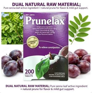 Prunelax Prune Leaf Tablets – Natural Psyllium Fiber Extract – Soothes Constipation Gently 200ct
