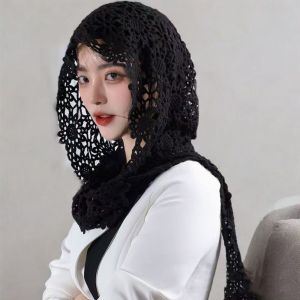 LITUILI Hoa Khăn choàng móc rỗng Trắng Mỏng Khăn ren Phù hợp mọi đối tượng Phong cách Hàn Quốc Khăn quàng cổ có mũ Phụ nữ