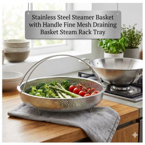 Stainless Steel Steamer Basket with Handle Fine Mesh Draining Basket Steam Rack Tray