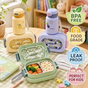 Yummy.miya Quivlox 2 In 1 Kids Lunch Box Set Bpa Free Leakproof With Water Bottle Spoon Fork For School