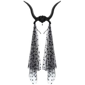 Punk Goat Horned Hairhoop with Tulle for Cosplay Party Wear Halloween Costume Hairband Day of the Death Flower Headband