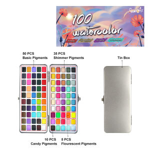 SeamiArt 50/72/90/100/128 Colors Metallic Pearlescent Color Solid Watercolor Paint with brushs Set Watercolor Pigment Art Supplies