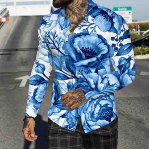 2026 luxury social mens shirt lapel button shirt casual flowers 3D printing long sleeve mens ball cardigan oversize coat