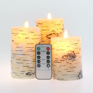 Birch Bark Set of 3 Flameless Candles Battery Operated Real Wax Pillars & Moving Flame Wick LED Candles with 10-Key Remote Control Timer Diameter 7.5cm