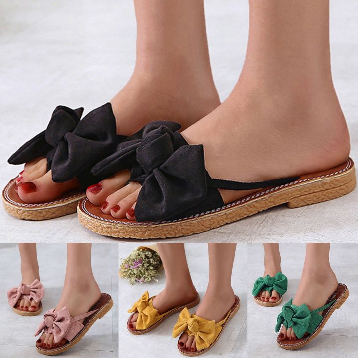 Sandals For Women Ladies Fashion Solid Flat Slippers Bownot