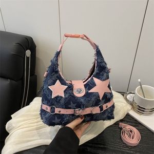 LIFE SHOPS Thời trang Y2K Túi xách ngôi sao hồng Thẩm mỹ Kẻ sọc Túi đeo chéo Thời trang Harajuku Túi đeo vai denim Nữ