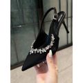 Giày Sandal Cao Gót Mũi Nhọn Satin Đính Đá Sang Chảnh Đế 5cm Dáng Slingback Có Quai Điều Chỉnh CG11 
Taoladyshoes. 