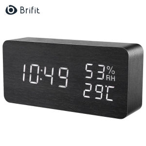 BrifitนาฬิกาปลุกดิจิตอลLEDนาฬิกาไม้นาฬิกาปลุกไม้ 12/24Hรูปแบบ 3 ปรับความสว่าง 3 การตั้งค่าการเตือนภัยการควบคุมเสียงพลังงานคู่วันที่อุณหภูมิความชื้นสำหรับบ้านห้องนอนสำนักงาน
