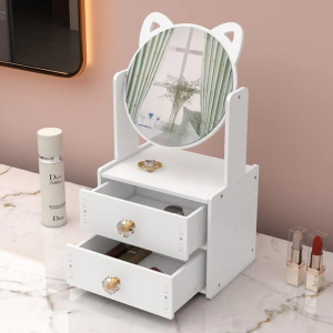 SEAN Small Cat Ear Makeup Mirror With Jewelry Compartment Drawer Cosmetic Organizer Table Cabinet Decor Storage