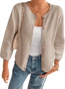 Cicy Bell Womens Seven-point Puff Sleeve Cardigan Sweater Autumn Fashion Casual Button Loose Short Knitted Sweater Khaki XL