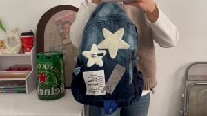 Warna Kecerunan Celup Ikat Niche Bintang Beg Beg Galas Malas Kain Denim Lembut Kapasiti Besar Beg Sekolah Pelajar Lapang