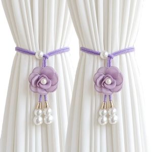 HUADIN 2Pcs Modern Floral Curtain Tiebacks Pearl Minimalist Camellia Curtain Tiebacks Bohemian Pearl Pendant Curtain Ties Sheer Curtains