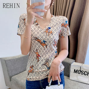 REHIN Áo thun nữ thời trang mới mùa hè Áo thun ngắn tay cổ chữ V in hoạt hình họa tiết độc đáo áo sang trọng dễ phối