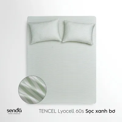 Bộ ga gối 3 món Lụa Tencel Sen Đá Home Bedding cao cấp họa tiết kẻ sọc set 2 vỏ gối 1 ga giường bo chun 1m6 1m8 2m2