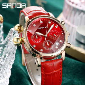 SANDA Womens Fashion Red Quartz Watches Ladies Leather Strap High Quality Casual Waterproof Wristwatch Gifts for Wife