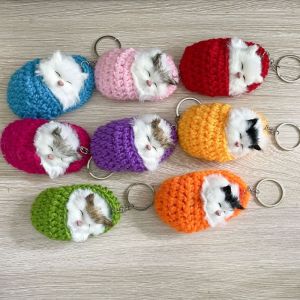 YUDESHUI Mini Móc khóa mèo mô phỏng Đồ chơi nhồi bông Làm thủ công dây chuyền trang trí túi xách Thú nhồi bông Móc khóa mèo ngủ Quà tặng