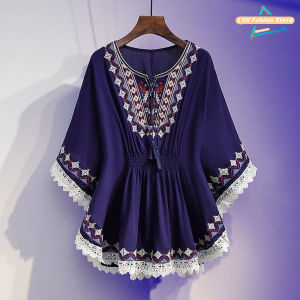 Womens Short Sleeved Summer New Loose Casual Oversized Design Fashionable and Western-style Chiffon Shirt Covering The Belly and Showing Slimming Ethnic Style Top