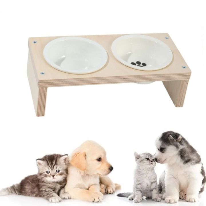 CARING PETS Wooden Stand Raised Cat Bowl Anti Slip 2 Ceramic Bowls ...