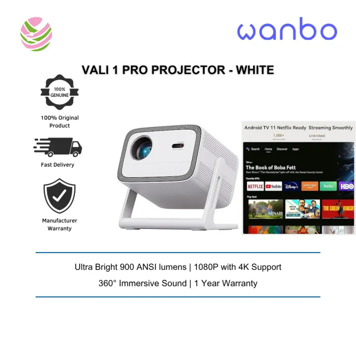 WANBO Projector Android 14, 1080P, 650 ISO, Auto-Focus, USPlug, Battery Excluded White - Vali 1 Pro-WH