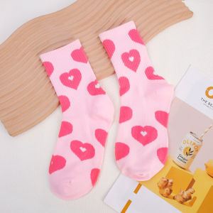 【♡Lovely girls house♡】Trendy Sweet Strawberry Love Heart Flowers Middle Tube Socks for Women Girls Lovely Casual Pink Cotton Long Socks