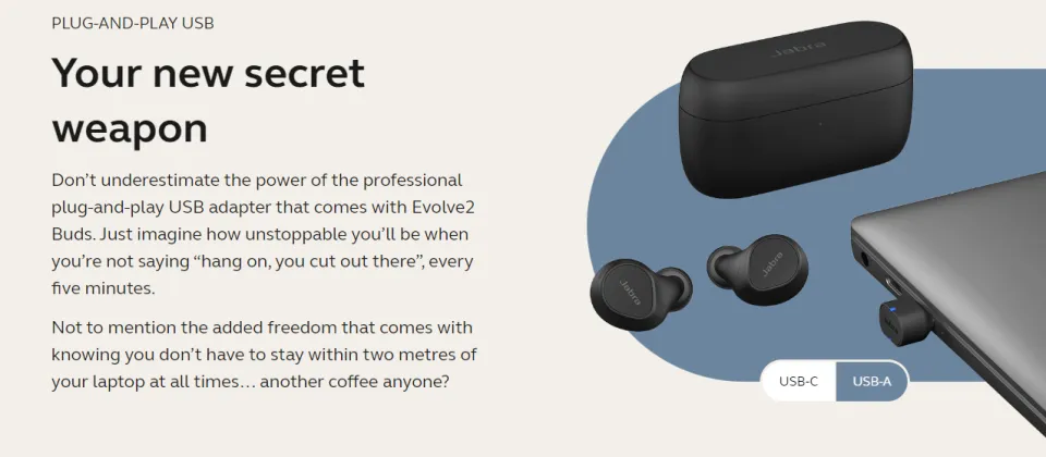 Jabra Evolve2 Buds USB-A Bluetooth Earphones Wireless Charging Pad