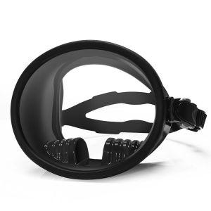 Black diving mask with adjustable strap for underwater exploration over coral reef.