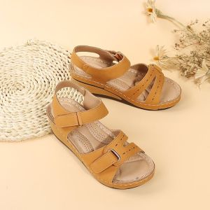 [Free Shipping] New Womens Sandals Open-Toe Design Casual Style With Velcro Straps Solid Color Wedge Heel Size 43 Plus-Size Womens Shoes.
