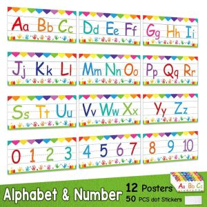 12PCS  แฟลชการ์ด บัตรภาพคำศัพท์  English Alphabet ABC Numbers 0 To 10 Border with Glue Point Dot Bulletin Board Strips Set Wall Strip Border for Pre-School Kindergarten Classroom Wall Decorations Educational Toy for Kids Toddler