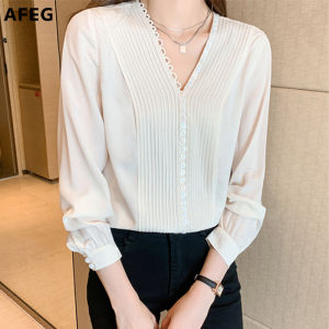 AFEG new style long-sleeved V-neck solid color elegant blouse for women