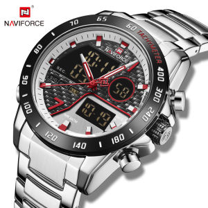 Naviforce Mens Wristwatch Military Sports Style Leisure Fashion Brand Multifunctional Double Display Luminous Pointer Calendar Week Stainless Steel Strap Waterproof NF9171