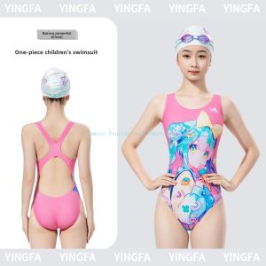 Yingfa Girls Competitive Swimwear Chlorine Resistant One-Piece Training Swimsuit with Cartoon Print Cute & Durable for Kids Swimming