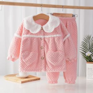 Childrens Pajamas Suit Autumn Winter 2026 New Thickened Flannel Princess Pajamas Girls Lapel Warm Home Clothes Suit 2-10Y2026