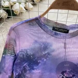 American Retro Tie Dye Tee O Neck Long Sleeves Print Tops Summer Streetwear Sweet Thin Sheer Mesh T-Shirt