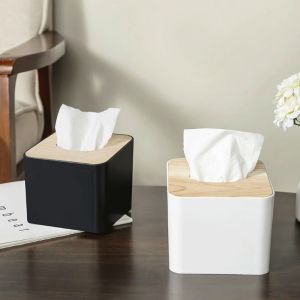 UNMEGONI Plastic Tissue Box Wooden Cover Nordic Style Paper Box Square Tissue Case Table Decoration