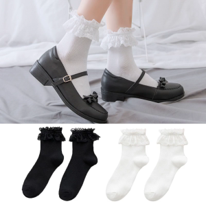 Japanese Style Mesh Short Crew Socks Harajuku Sweet Ruffled Lace Frilly Hollow Retro Cotton Mid Calf Hosiery