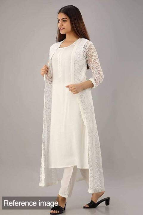 Pretty White Kurti With Shrug And Pant READYSTOCK