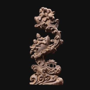 Hand-Carved Wood Children Riding Carp Statue - Traditional Chinese Decor for Home Living Room Office Shelf