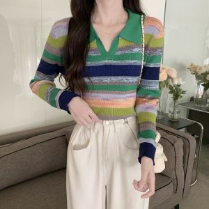 Sweater Vneck Stripes Wanita Knit Top Import Knitwear Lengan Panjang Korean